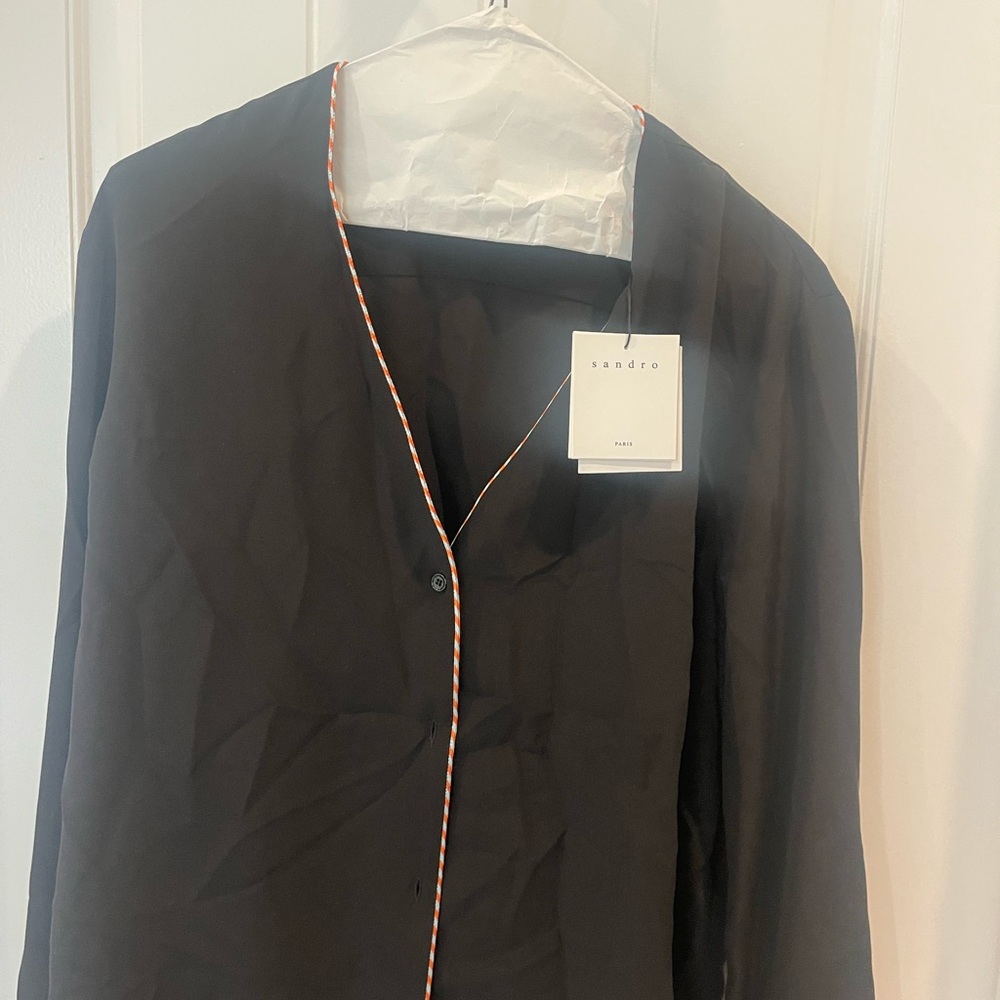 Sandro Black Blouse with orange and blue trim NWT